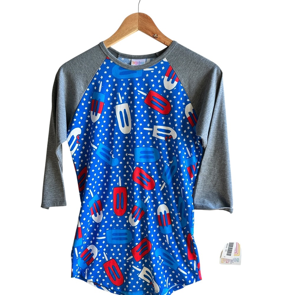 LuLaRoe Randy Baseball Tee Patriotic Popsicle Print Blue XS NWT Lightweight
